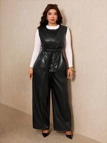 Elaquor Plus Size Elegant Goth Button PU Material Vest Jacket And Loose Long Pants 2 Pieces Set Office Going Out Evening Party Fall/Winter Black - Black - View 6