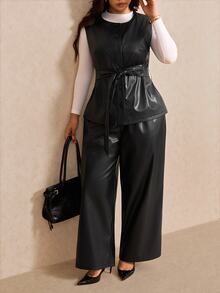 Elaquor Plus Size Elegant Goth Button PU Material Vest Jacket And Loose Long Pants 2 Pieces Set Office Going Out Evening Party Fall/Winter Black - Black - View 3