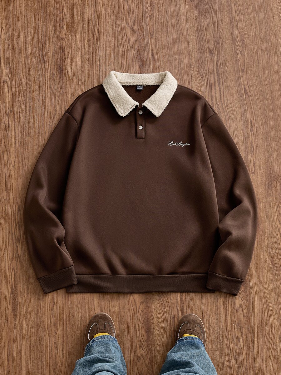 SWAVVY Men's Knitted Fashion Casual Loose Long Sleeve Half-Zip Sweatshirt - Brown - View 1