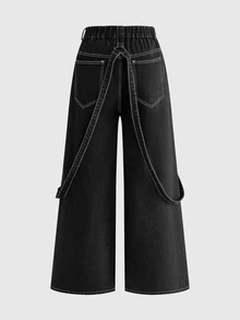 ROMWE Grunge Punk Japanese Punk Plus Size Women's Wide Leg Denim Jeans, Cartoon Character Spider Web Print Black & Red Contrast Design, Punk Music Festival Street Long Pants - Black - View 2