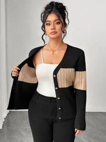 Elenzga Plus Size Women's Black & Contrast Color V-Neck Knitted Cardigan, Cinched Waist Slim Fit, Metal Gold Buttons, Vertical Ribbed Cable Texture, Flattering Commuter Versatile Outerwear - Multicolor - View 1