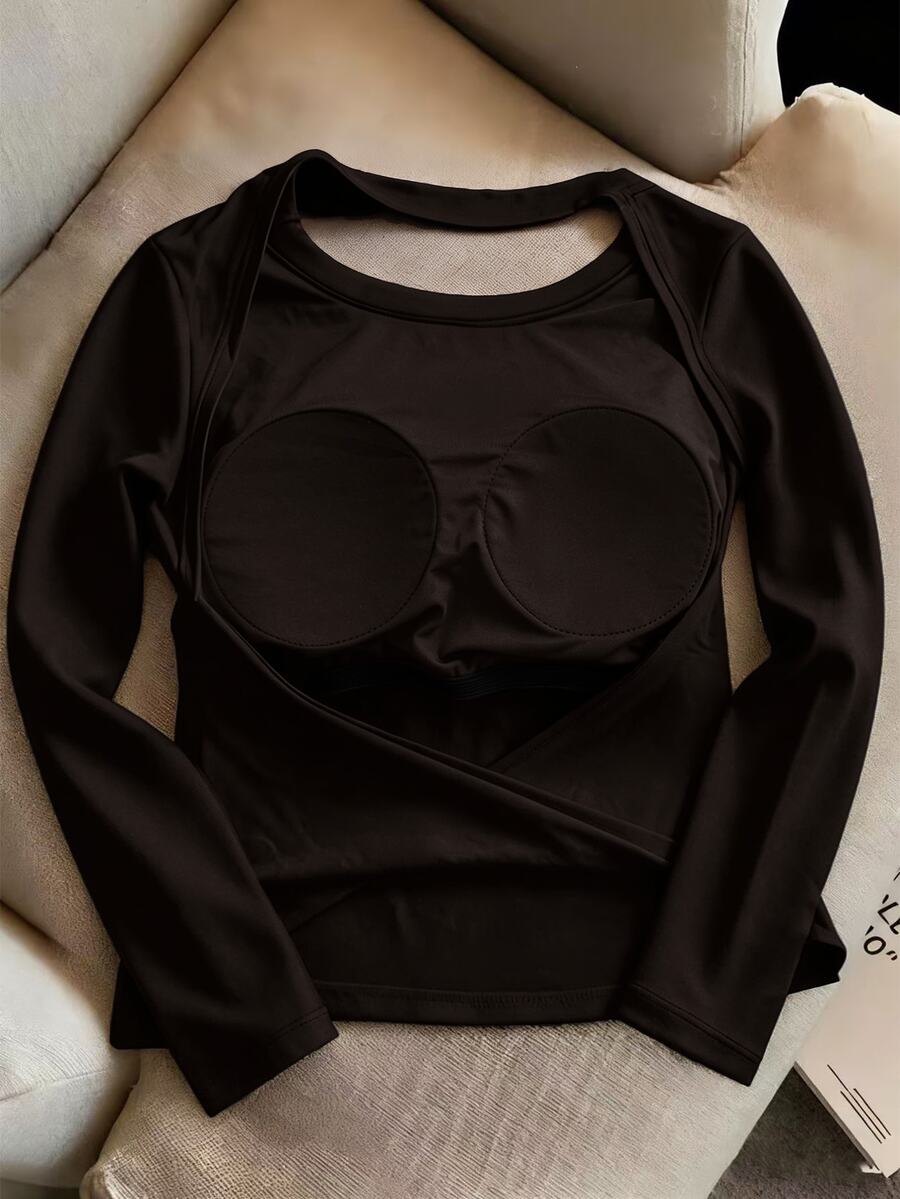 INAWLY Camiseta de manga larga minimalista y versátil para mujer para uso diario - Marrón - Ver 1