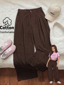 Comfortcana Plus Size Solid Color Button Casual Wide Leg Pants Graduation,Back To Schoo - Chocolate Brown - View 6