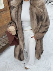 SHEIN EZwear 女款人造毛領時尚休閒長版大衣，秋冬款 - 摩卡棕 - 查看 4