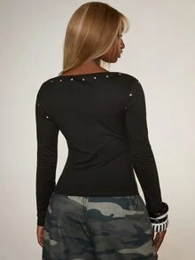 SHEIN BAE Atasan Off Shoulder Seksi Hitam Lengan Panjang Kemeja Gaya Gothic Streetwear Y2K Cocok untuk Pesta Klub Malam Halloween Festival - Hitam - View 4