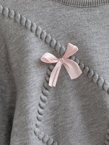 SHEIN Genkimix Kids 少女冬季針織兩件套，可愛3D蝴蝶結毛衣搭配百褶裙，優雅可愛 - 淺灰色 - 查看 6