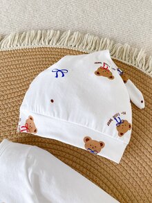SHEIN 3件組新生兒嬰兒上衣+長褲+帽子，可愛甜美白色熊印花蝴蝶結波點長袖V領基本款，生日秋季側開扣 - 白色 - 查看 7