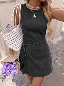 Easowa Women's Solid Color Casual Daily Summer Denim Dress - Black - View 3