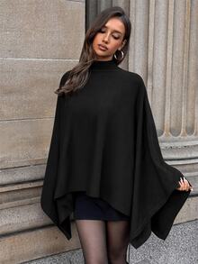 Aloruh Sweater Cape Kasual Longgar Wanita Warna Polos dengan Kerah Tegak dan Hem Asimetris - Hitam - View 1