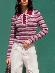Nöista 女款條紋 Polo 領長袖休閒百搭針織衫 - 彩色 - 查看 3