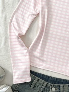 SHEIN 青少年女孩休閒法式優雅粉色條紋印花方領長袖修身T恤，適合返校、日常穿著，上衣，四季皆宜 - 粉色 - 查看 5