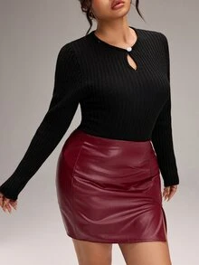 SHEIN BASICS Plus Size Solid Color Ribbed Knit Long Sleeve Crew Neck Sweater - Black - View 4