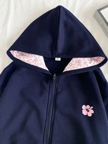 青少年女孩甜美可愛櫻桃圖案粉色拉鍊夾克 抓絨內裡保暖衛衣 秋冬款 - 藏蓝色 - 查看 4