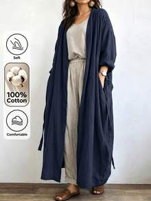 Linhara CURVE 女款長版休閒亞麻外套，適合外出與通勤的休閒外衣 - 藏蓝色 - 查看 3