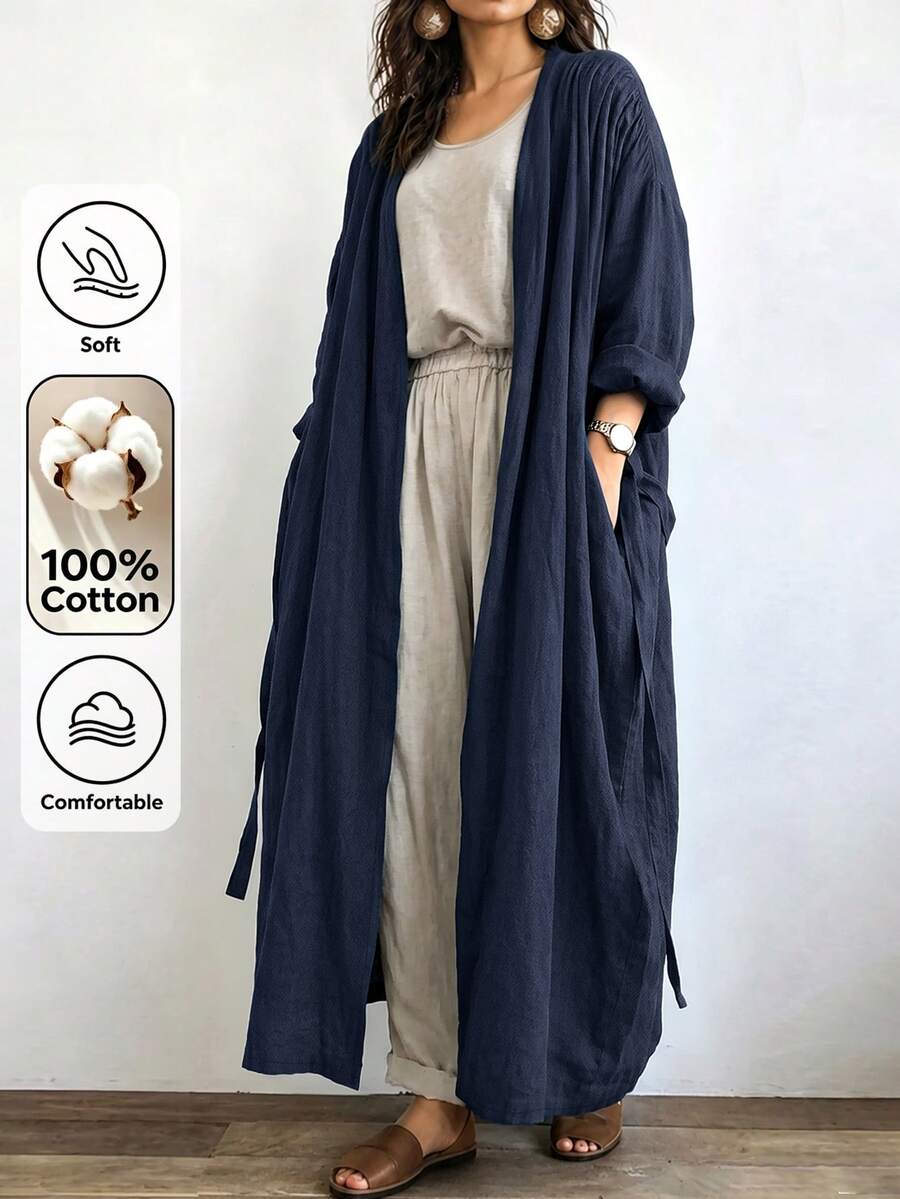 Linhara CURVE Jaket Linen Panjang Kasual Wanita, Pakaian Luar Kasual untuk Jalan-jalan dan Berpergian - Navy Blue - View 1