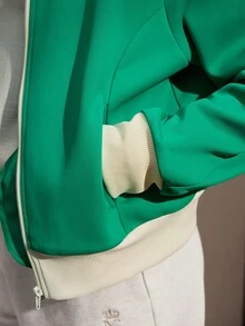 Nima Coro Letter Print Contrast Color Stand Collar Zip-Up Long Sleeve Sweatshirt Suitable For Daily Wear - Green - View 5