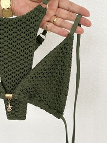 Swim Mod Polka Dot Halter Tie Two Pieces Bikini Swimsuit - Army Green - View 6