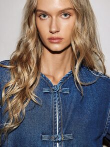 ATUI Studio Women's Blue Denim Frog Button Jacket & Shorts Set - New Chinese Style, Y2K, Fall, Street Style, Vacation - Blue - View 4