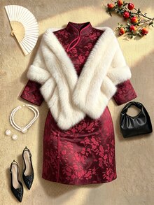 EastFlair Plus Size Elegant Solid Color Jacquard Button 3/4 Sleeve Dress - Burgundy - View 1