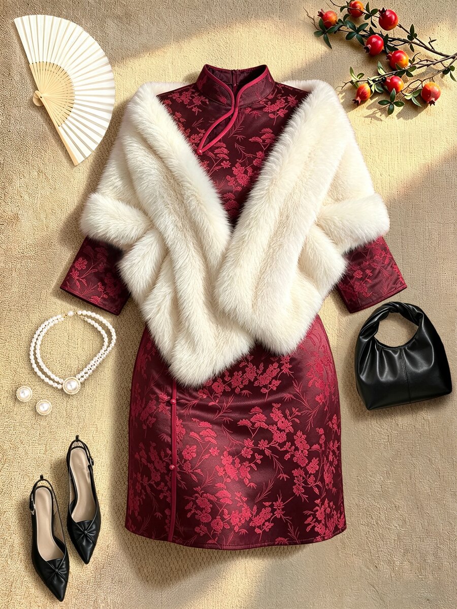 EastFlair Plus Size Elegant Solid Color Jacquard Button 3/4 Sleeve Dress - Burgundy - View 1