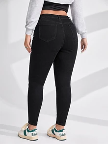 Flexra Plus Size Women's Fashion Casual Asymmetrical Waist Denim Skinny Jeans - Black - View 2