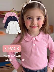 Elladie kids 女童3件組長袖 Polo 衫，彼得潘領精緻愛心鈕扣，長袖 T 恤，基本純色修身 T 恤，適合返校季 - 彩色 - 查看 1