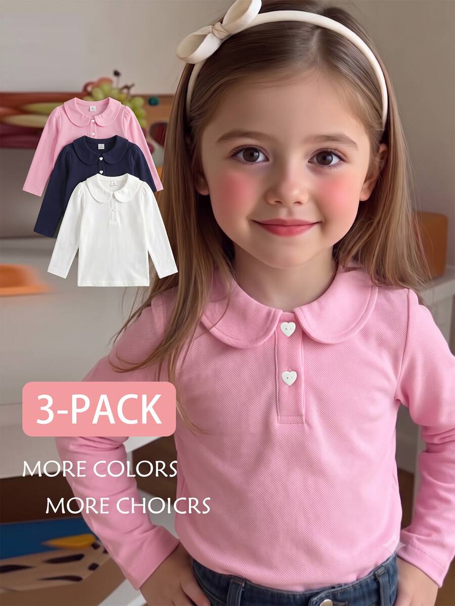 Elladie kids 女童3件組長袖 Polo 衫，彼得潘領精緻愛心鈕扣，長袖 T 恤，基本純色修身 T 恤，適合返校季 - 彩色 - 查看 1