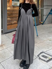 FRIFUL Women's Solid Color Pleated Casual Daily Summer Long Dress - Grey - View 3