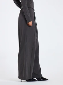 MUSERA Celana Jogger Abu-abu Pinggang Rendah dengan Detail Tali Serut, Pakaian Kasual Wanita Musim Gugur dan Musim Dingin - Grey - View 3