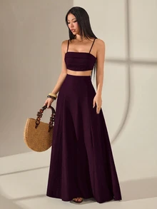 SHEIN PETITE 女款純色短版細肩帶背心上衣與裙子時尚兩件套 - 酒紅色 - 查看 4
