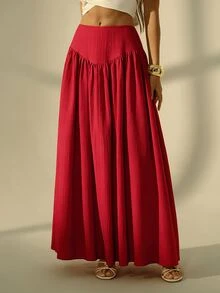 SHEIN Tall 女款素色百褶休閒百搭日常穿著裙 - 紅色 - 查看 4
