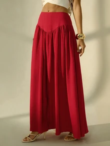 SHEIN Tall 女款素色百褶休閒百搭日常穿著裙 - 紅色 - 查看 5