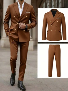Calvornis Men's Black Double-Breasted Peak Lapel Woven Twill Suit Set - Brown - View 5
