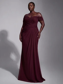 Elitara Plus Size Elegant Romantic Lace Fabric Sweetheart Neckline Short Sleeve Fitted Computer Beaded Craft Pleated Oversized Skirt Suitable For All Formal Occasions Heavy Work Evening Gown - Burgundy - View 5
