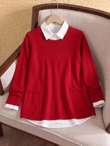 Rusticease Plus Size Red Ribbed Round Neck Long Sleeve Sweater Cozy Casual Fall Winter 2026 - Red - View 11