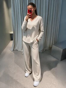 SHEIN BASICS Women's Solid Color V-Neck Long Sleeve Top And Pants Casual Daily 2 Pieces Set - Apricot - View 9