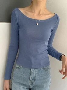 DAZY 女款大圓領修身短袖優雅T恤 灰色 春/夏 - 霧霾藍 - 查看 4