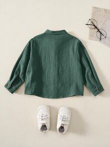 SHEIN 男嬰夏季秋季休閒百搭白色克ريب長袖立領襯衫 白色襯衫 返校時尚 - 綠色 - 查看 2