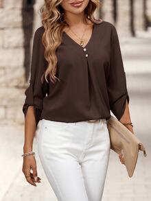Medorina Women's Solid Color Casual Versatile Daily Wear Shirt - Brown - View 7
