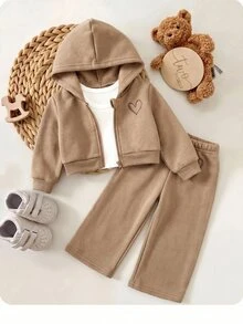 Baby Girls Heart Pattern Zipper Pullover Jacket And Loose Sweatpants Set - Khaki - View 1