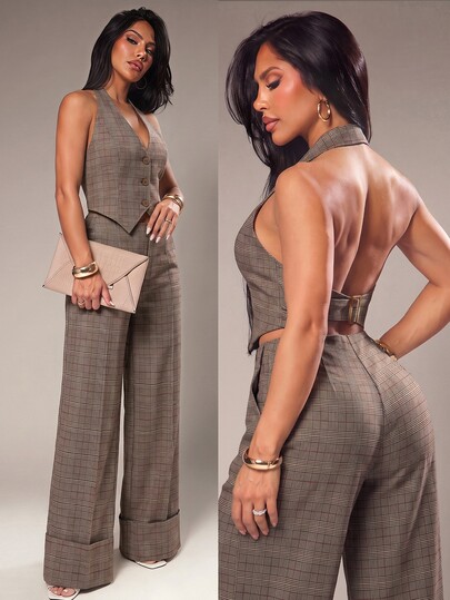 Radiana Casual Fashion Minimalist Houndstooth Commuter Set, Backless Blazer Vest & Extra Long Wide Leg Pants 2-Piece Set, Old Money Style Suit, Blazer Vest Set, Blazer Suit, Sexy Fashion OL Office Style Set, Casual Business Women's Wear, Suitable For Daily Casual Outings, Urban, Commute, Office, Business, Date, Party