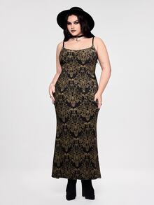 ROMWE Plus Size Women's Holiday Party Gothic Style Gold Pattern Velvet Spaghetti Strap Dress - Gold - View 5