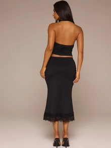 MUSERA ESSENTIALS Black Lace Trim Halterneck Top Midi Skirt Set Sold As Set Autumn Fall Winter Cute Daily Girly Everyday - Black - View 4