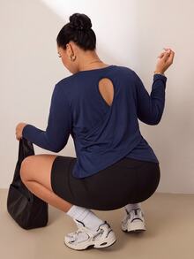 Easithlete Plus Size Women Solid Color Back Cutout Crew Neck Sweatshirt - Navy Blue - View 7