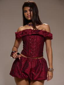 MUSERA Red Jaquard Lace Up Bardot Corset Fall Winter Festival Going Out Lost Whispers - Burgundy - View 1
