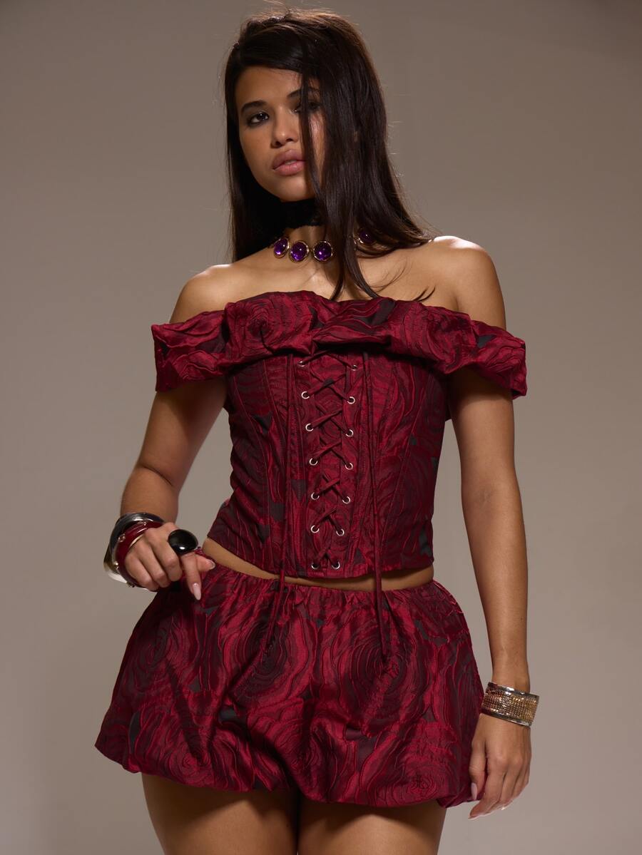 MUSERA Red Jaquard Lace Up Bardot Corset Fall Winter Festival Going Out Lost Whispers - Burgundy - View 1