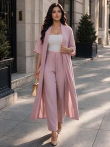 Auveirra Plus Size Women Solid Color Open Front Long Robe And Pants Casual Daily 2 Pieces Set - Pink - View 4