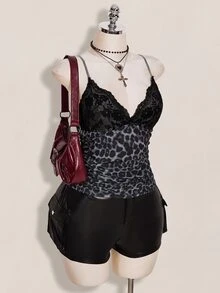SHEIN ICON 大尺碼女款蕾絲拼接豹紋細肩帶背心 - 灰色 - 查看 1