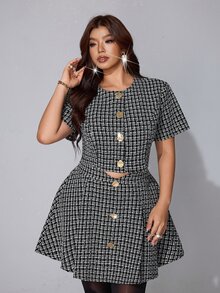 Viva Relle Plus Size Women's Plaid Short Sleeve Top And Skirt Fashion Set - Black and White - View 2