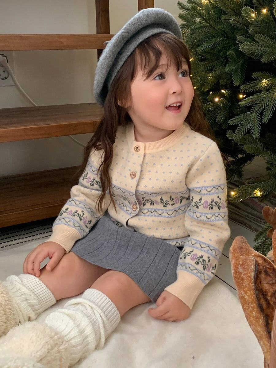 DAZY Infant/Toddler (Girl) Round Neck Floral Korean Style Autumn/Winter Casual Knit Sweater - Dusty Blue - View 1